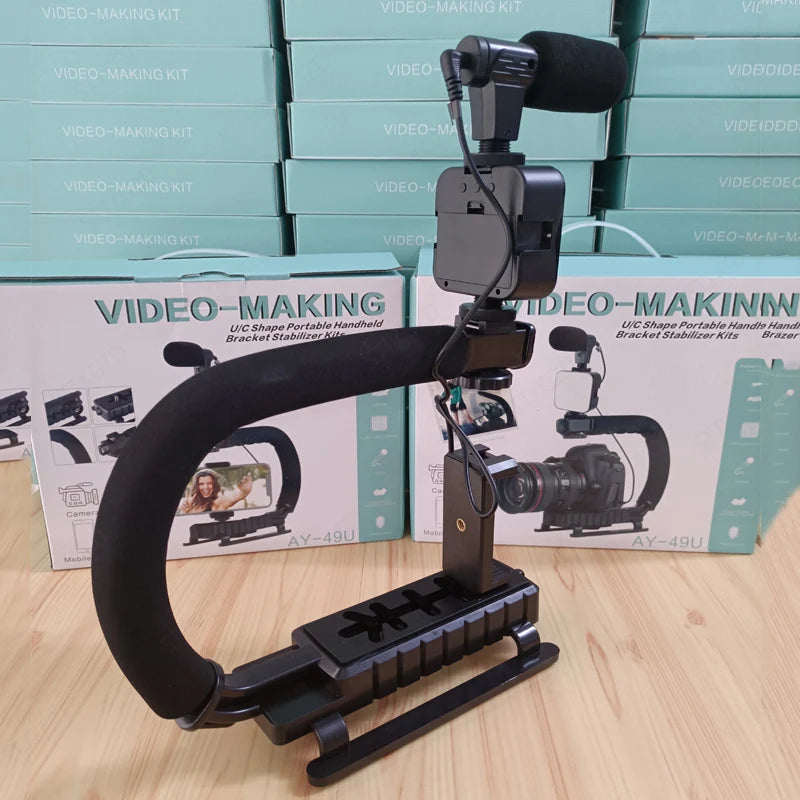 Universal Photography Video Handheld Vlog Stand Stabilizer Kit LED Light Microphone Remote Shutter Phone Camera Recording