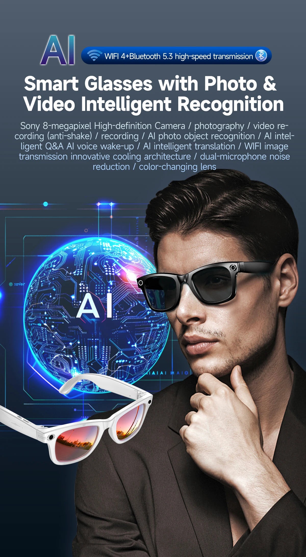 2026 AI Smart Glasses with 8MP Camera Video Recording 20+ Languages Translation Sunglasses Bluetooth Call Music Play Men Women
