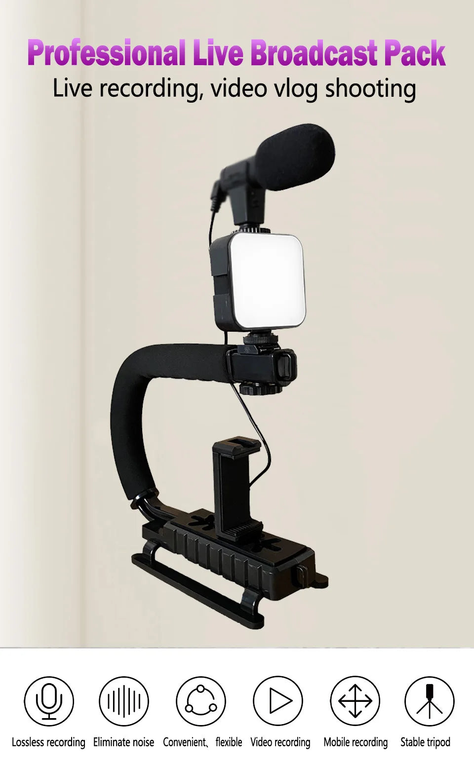 Universal Photography Video Handheld Vlog Stand Stabilizer Kit LED Light Microphone Remote Shutter Phone Camera Recording