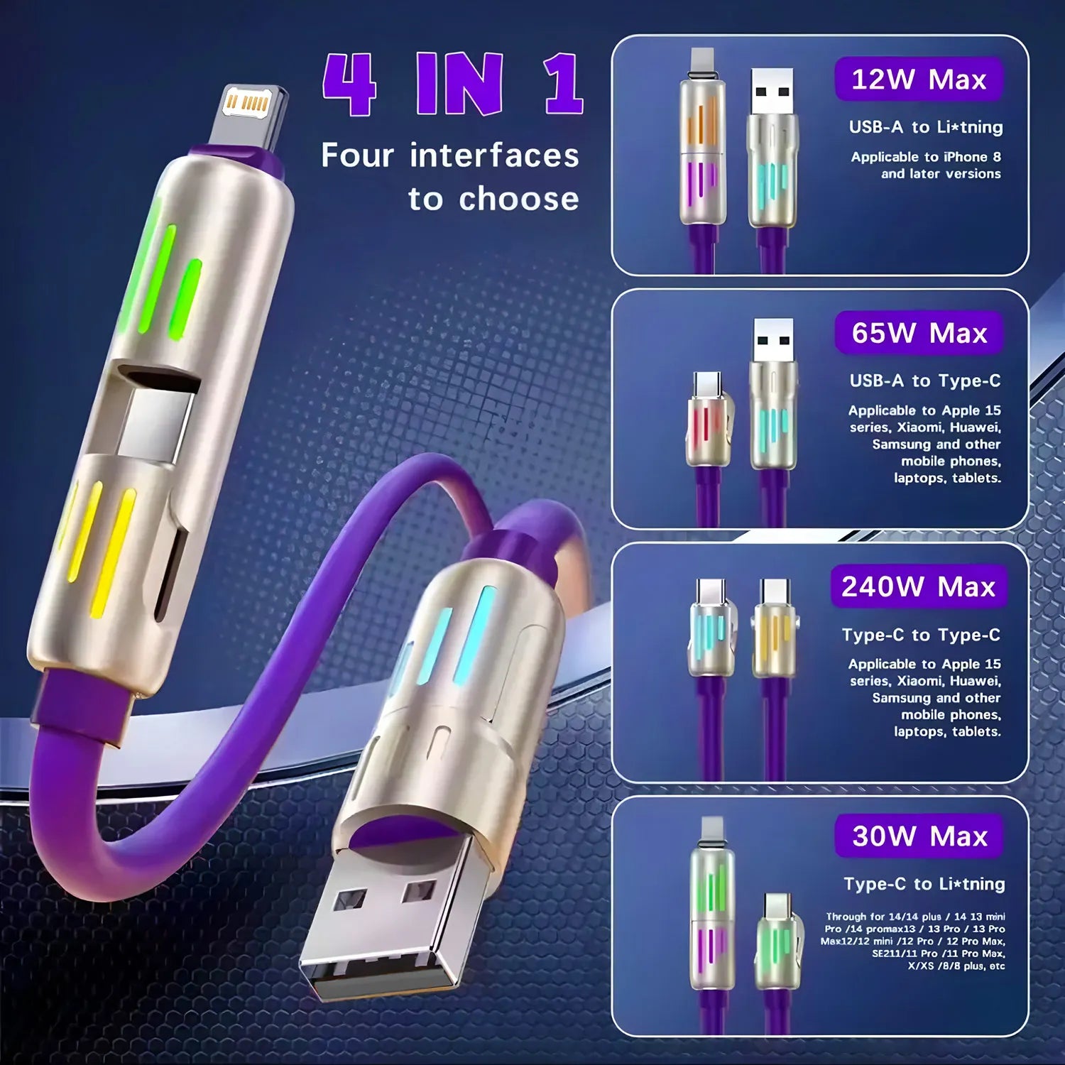 4 IN 1Multifunctional Fast Charging Cable USB A USB C to TypeC Lighting For Iphone 16 15 14 13 Huawei Xiaomi POCO Samsung