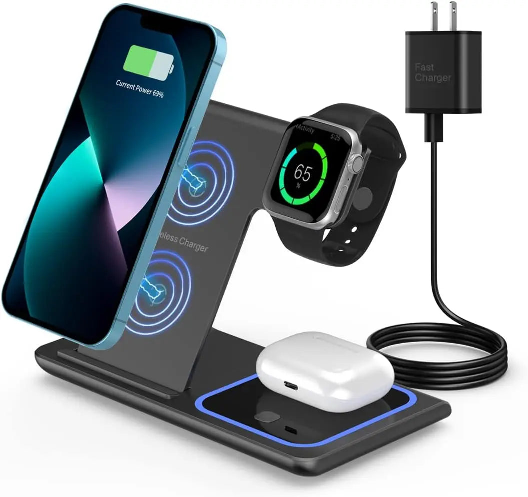 30W 3 in 1 LED Fast Wireless Charger Stand Foldable Charging Station For iPhone 17- 12 Apple Watch 9 8 7 6 5 Airpods Pro