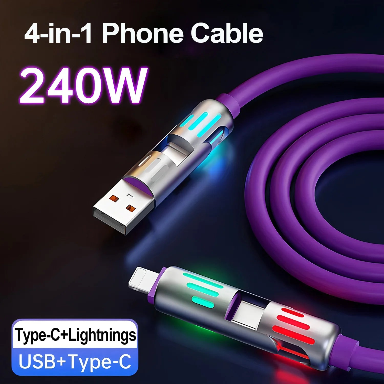 4 IN 1Multifunctional Fast Charging Cable USB A USB C to TypeC Lighting For Iphone 16 15 14 13 Huawei Xiaomi POCO Samsung